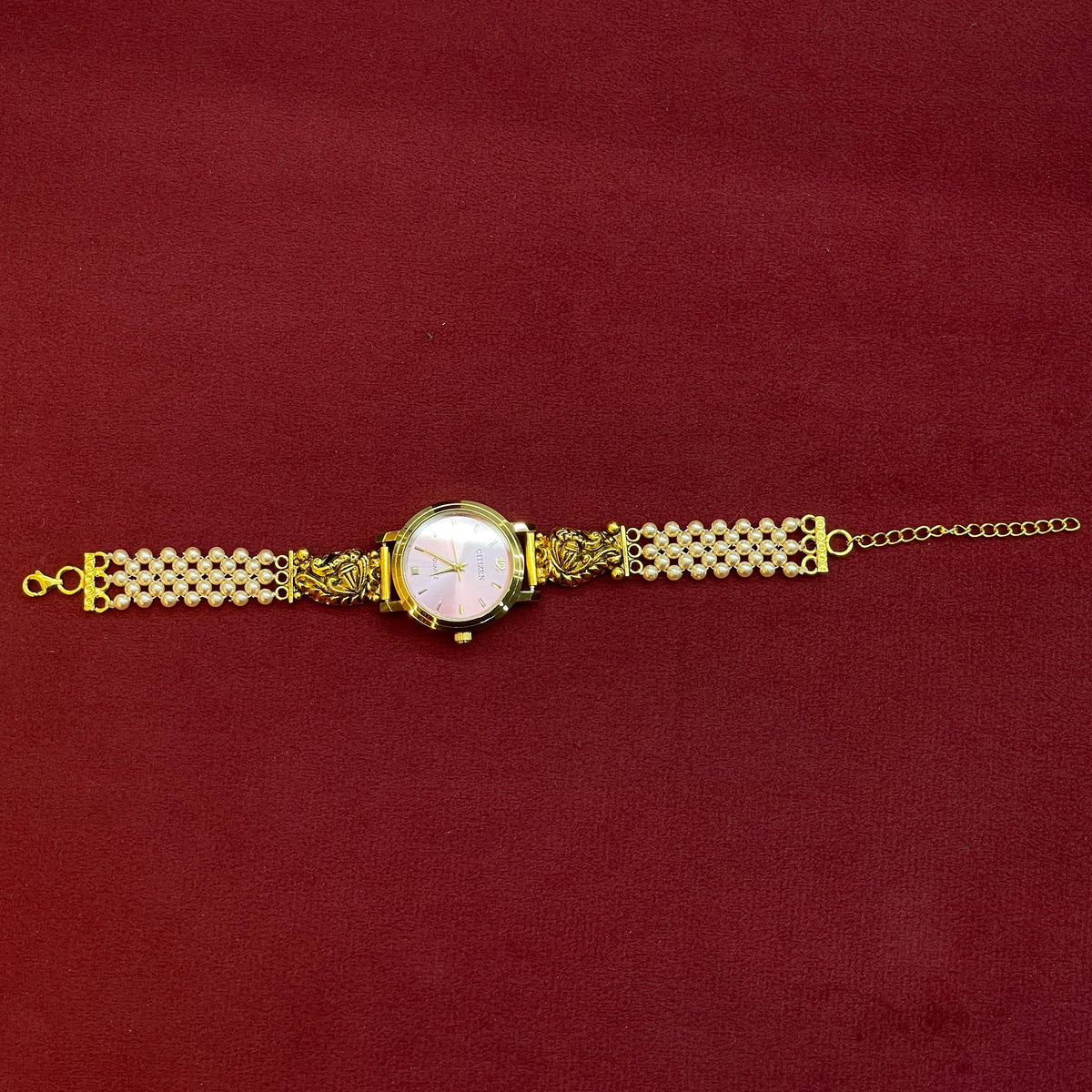 92.5 Silver Gold Plated Nakshi Pearl Watch for Women