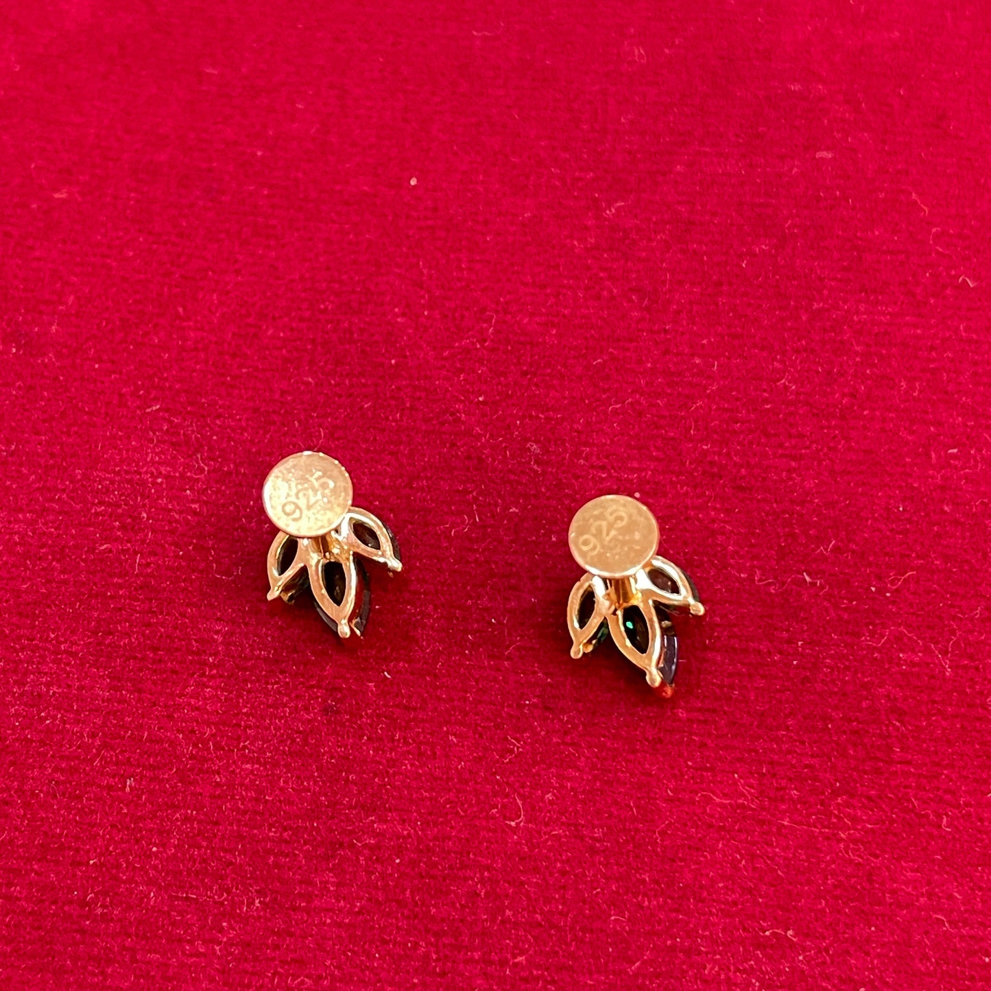 925 Silver Gold Plated  Emerald 3 Leaf Studs