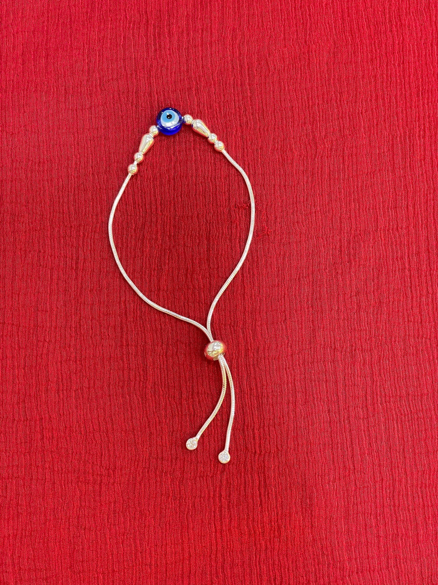92.5 Silver Evil Eye Teardrop Charm Adjustable Bracelet for Women | Blue Bead Design