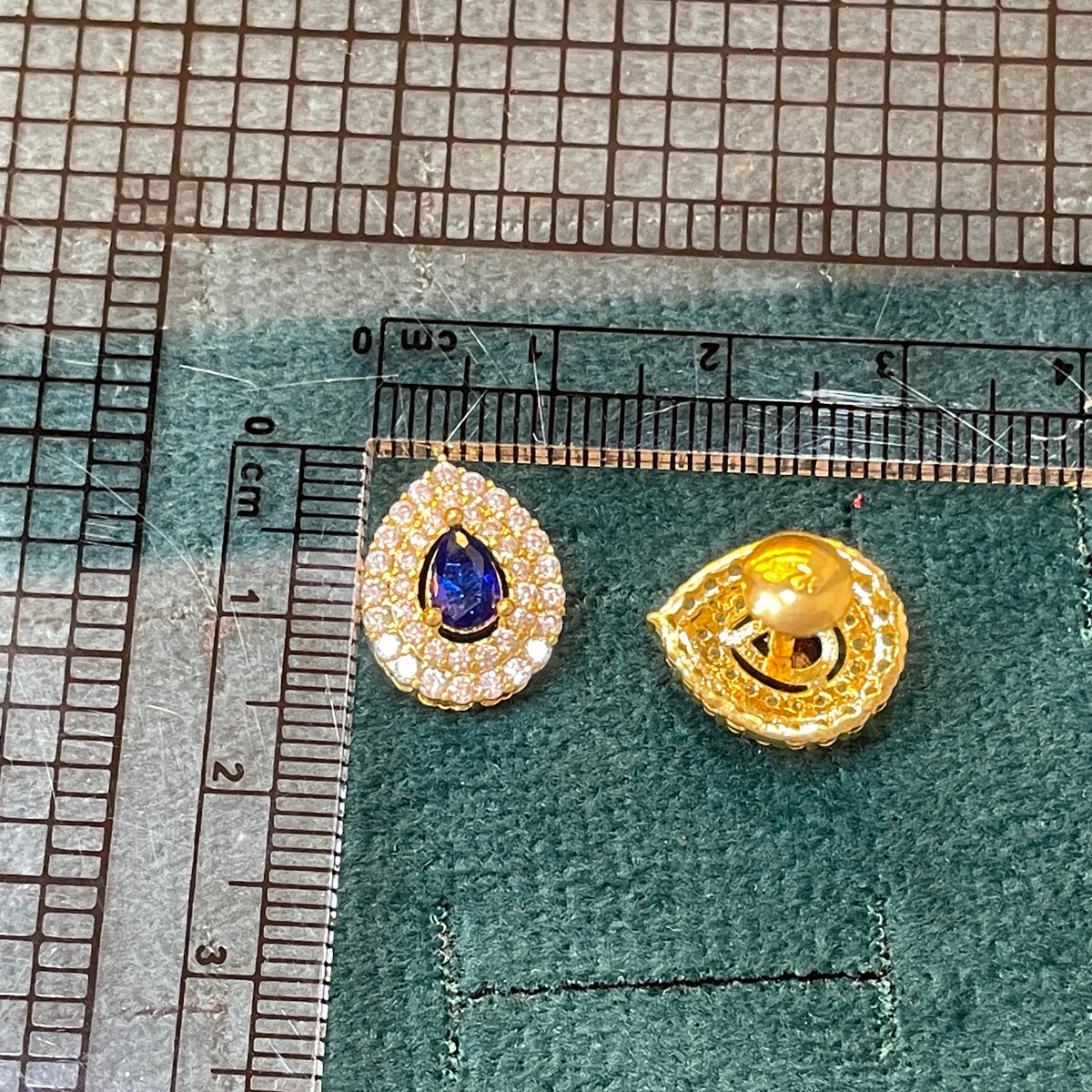 92.5 Sterling Silver Gold Plated Pear Cut Blue Sapphire CZ & Double Pave White CZ Halo Stud Earrings for Women