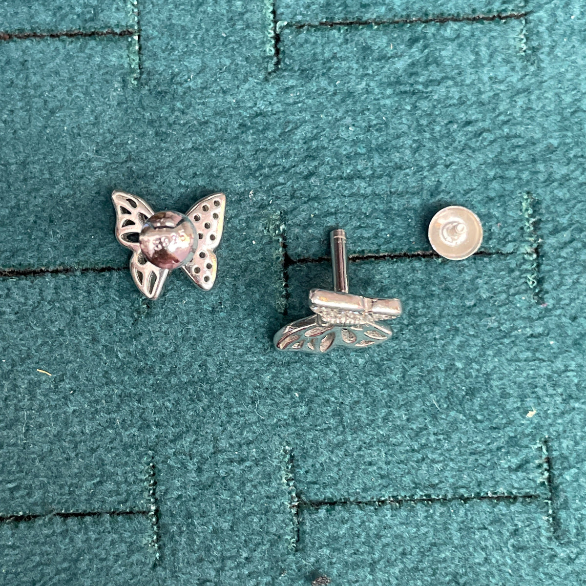 92.5 Sterling Silver Micro Pave White CZ & Open Lattice Butterfly Stud Earrings for Women