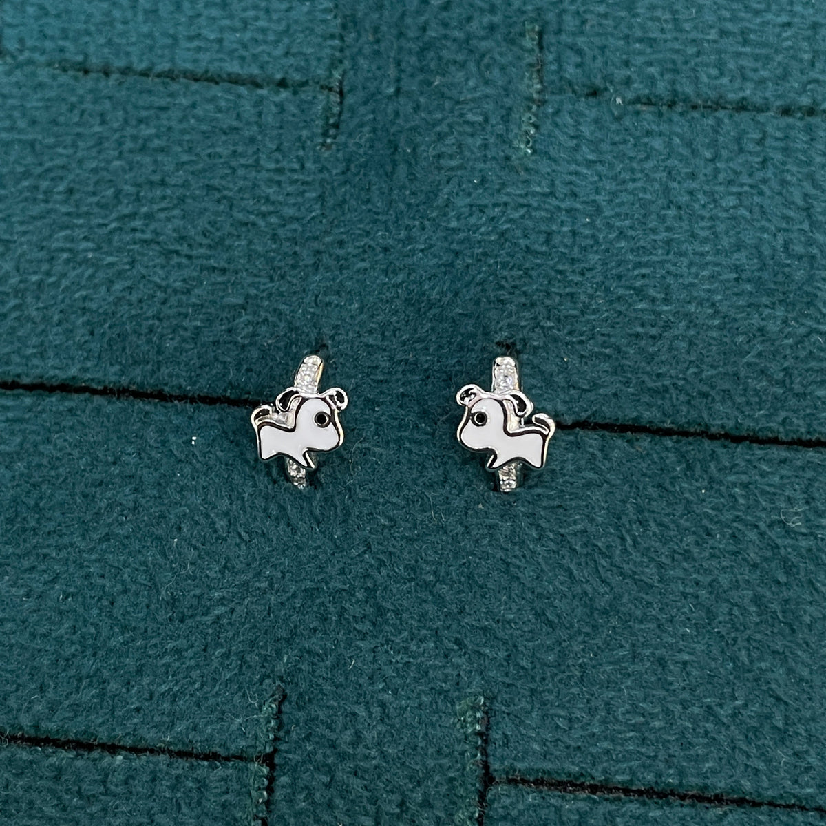 92.5 Silver Enamel Puppy Huggie Hoop Earrings for Girls