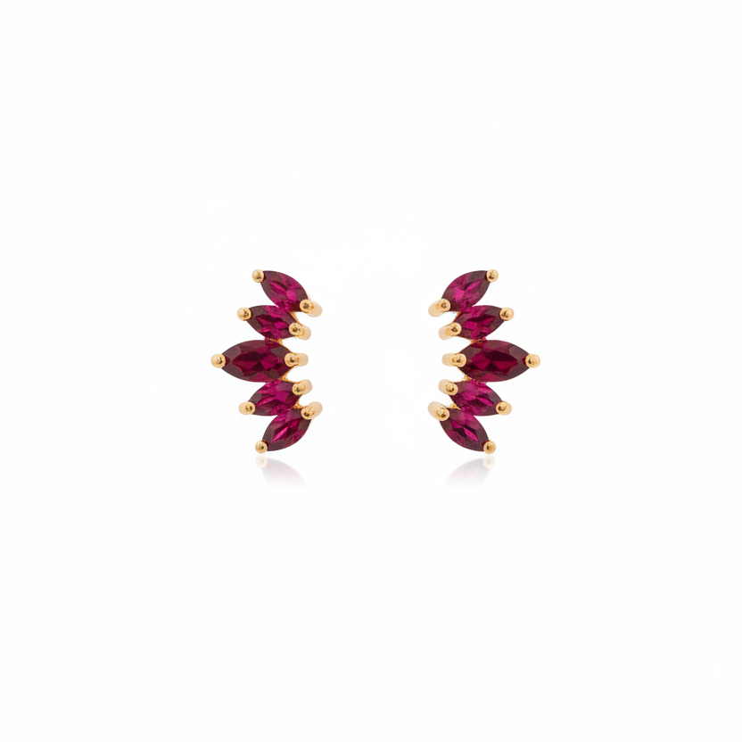 925 Sterling Silver Gold Plated Ruby 5 Leaf Stud Earrings for Women | Floral Design