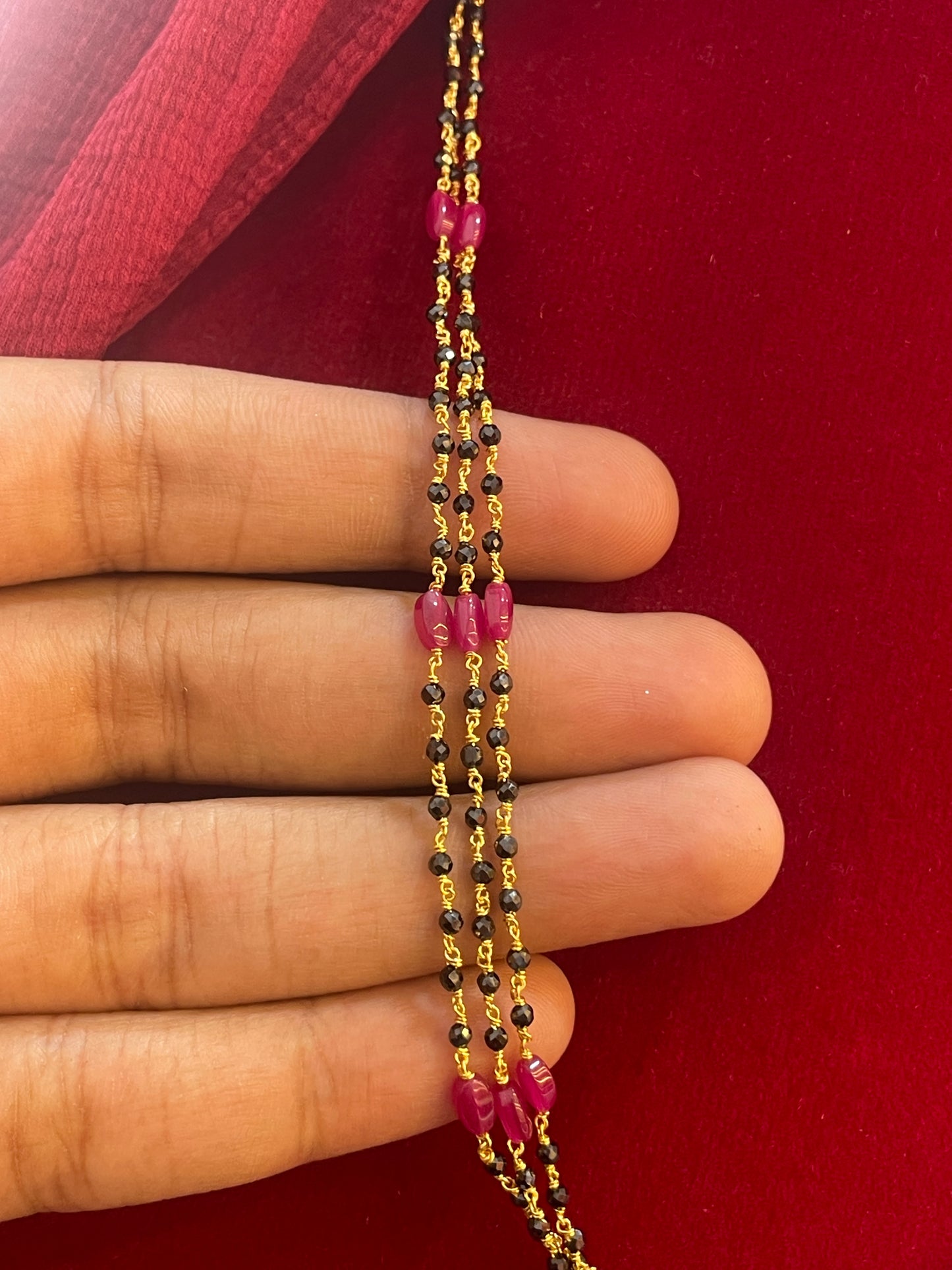 92.5 Silver Gold Plated Classy Triple Line Black Bead Chain for Women 18.5 Inches | Elegant Layered Traditional Design