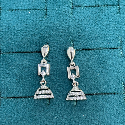 92.5 Sterling Silver CZ Square Frame & Mini Jhumka Drop Earrings for Women pair