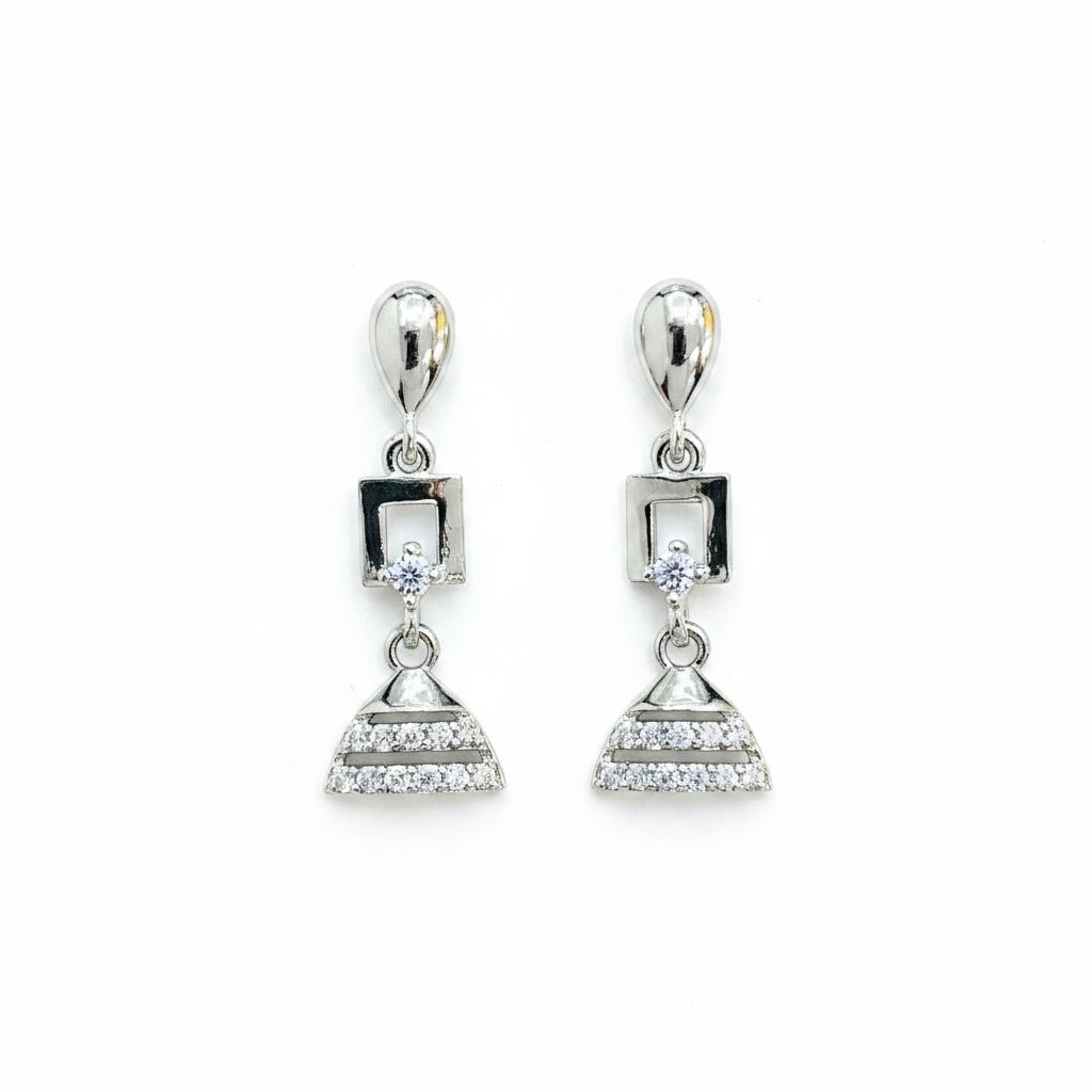 92.5 Sterling Silver CZ Square Frame & Mini Jhumka Drop Earrings for Women pair