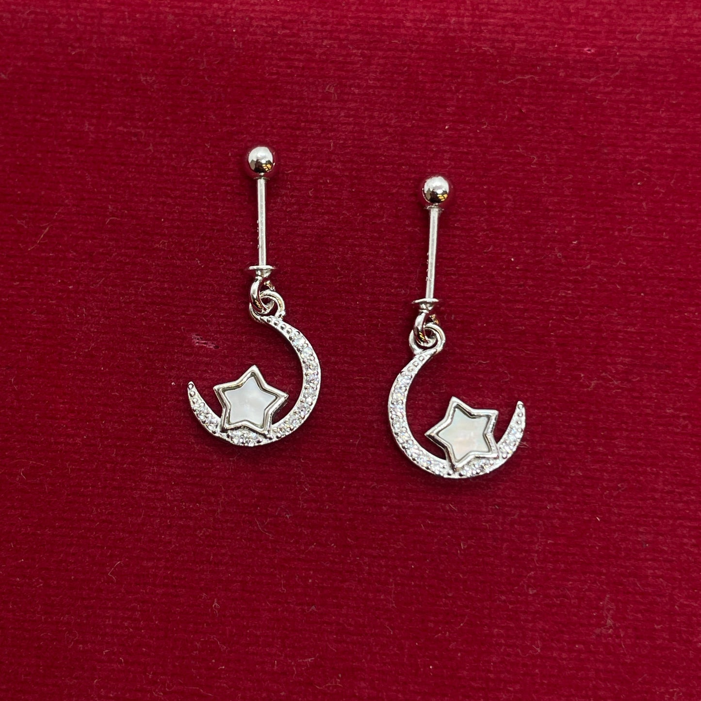 92.5 Sterling Silver Crescent Moon & Star Bugadi for Women | CZ Crescent with MOP Star | Helix Earring pair