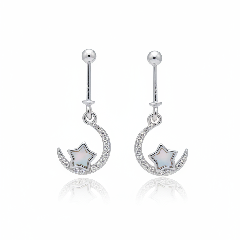 92.5 Sterling Silver Crescent Moon & Star Bugadi for Women | CZ Crescent with MOP Star | Helix Earring pair