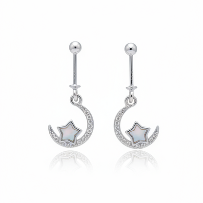 92.5 Sterling Silver Crescent Moon & Star Bugadi for Women | CZ Crescent with MOP Star | Helix Earring pair