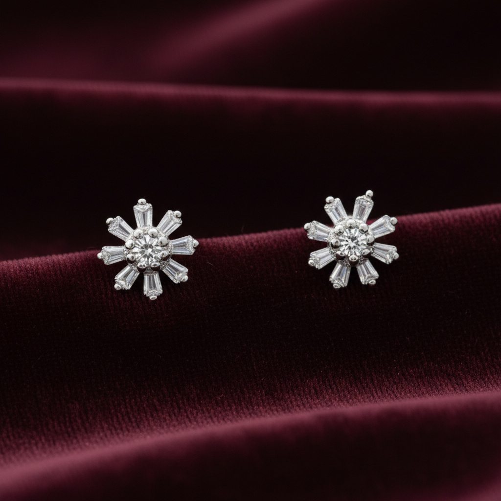 925 Silver Starburst Stud Earrings | CZ Sparkle Daily Wear Earrings with Ball Screw Back