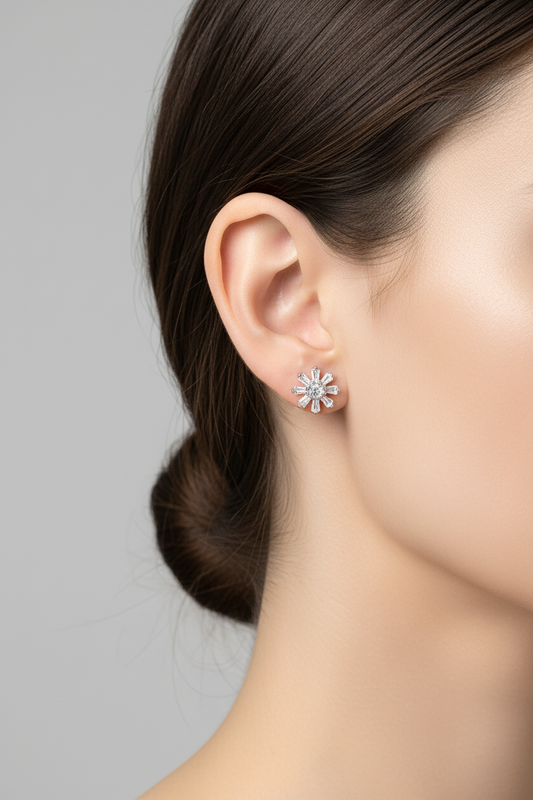 925 Silver Starburst Stud Earrings | CZ Sparkle Daily Wear Earrings with Ball Screw Back