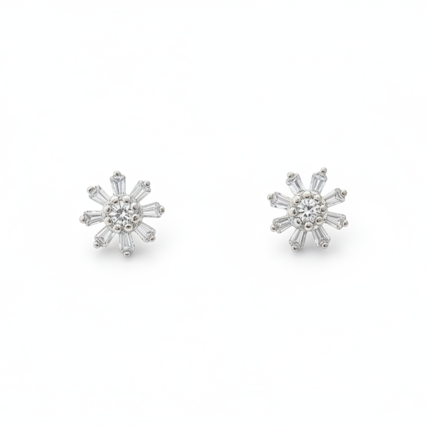 925 Silver Starburst Stud Earrings | CZ Sparkle Daily Wear Earrings with Ball Screw Back