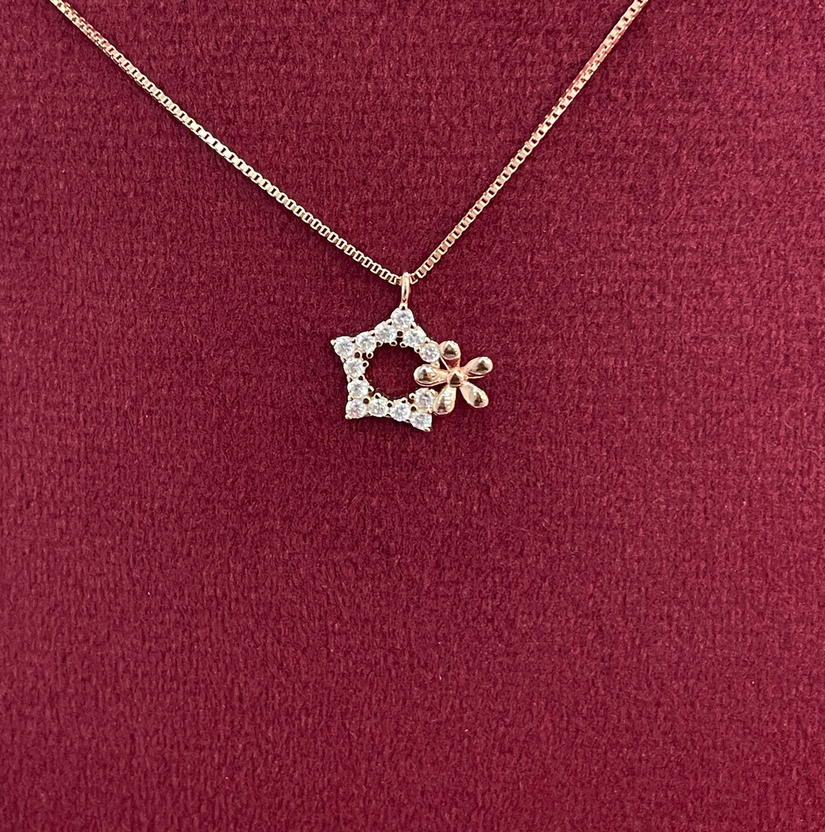 92.5 Silver Rose Gold Plated CZ Star & Flower Charm Pendant Necklace for Women