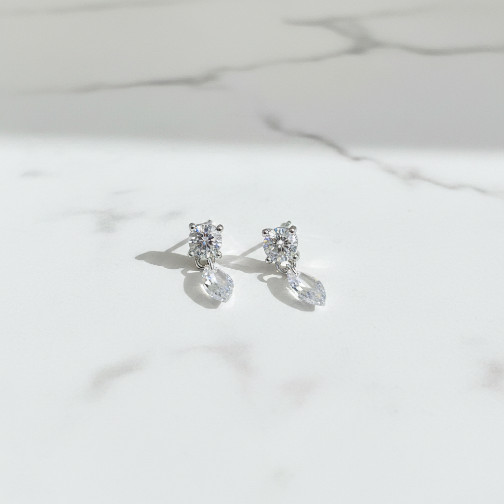 92.5 Sterling Silver Round White CZ Solitaire Stud & Marquise White CZ Drop Earrings for Women