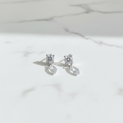 92.5 Sterling Silver Round White CZ Solitaire Stud & Marquise White CZ Drop Earrings for Women