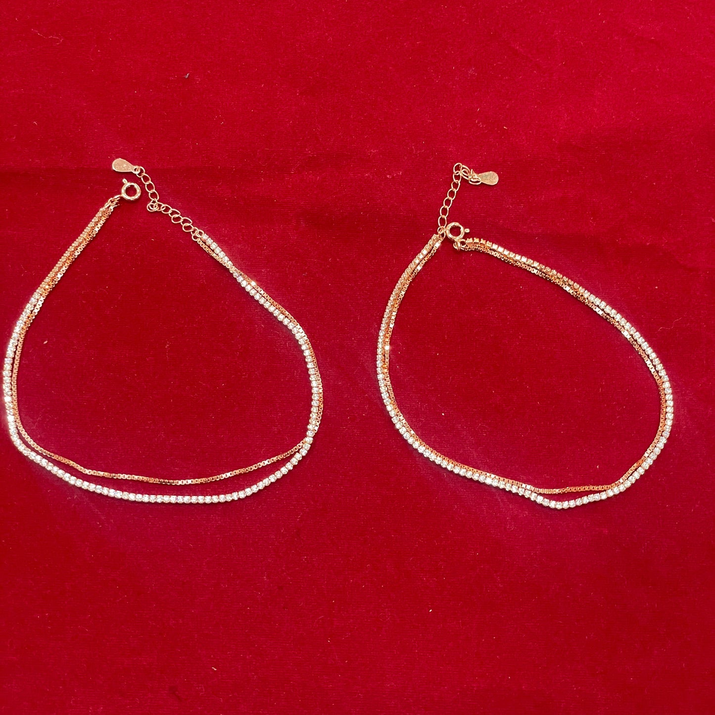92.5 Silver Rose Gold-Plated Double Layer Anklet Pair