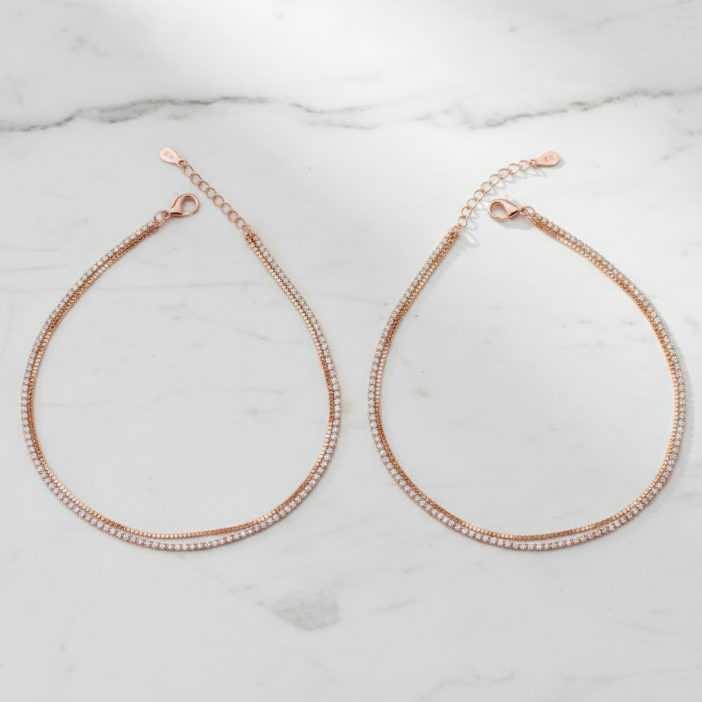 92.5 Silver Rose Gold-Plated Double Layer Anklet Pair
