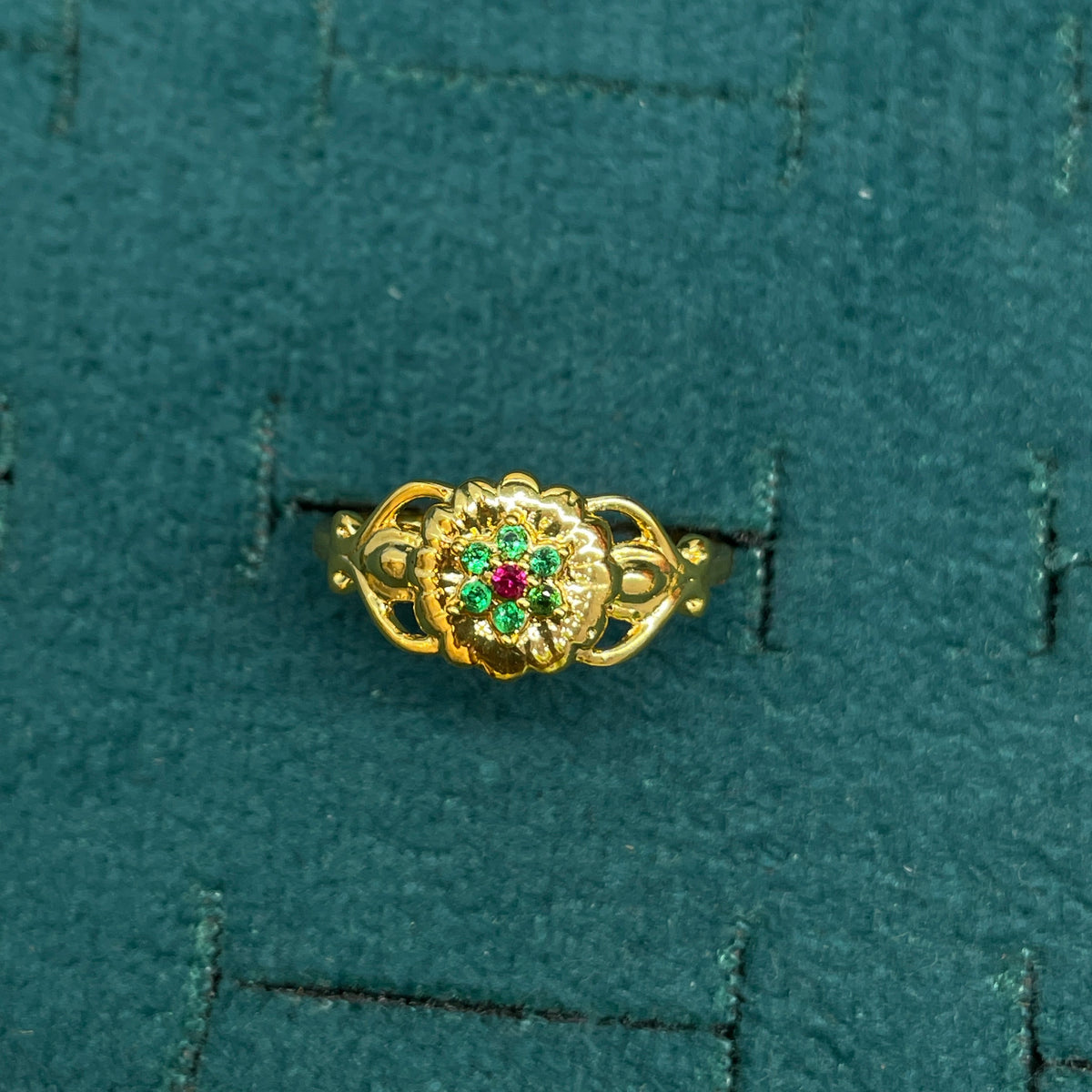 92.5 Silver Gold Plated Green & Pink CZ Floral Ring for Women