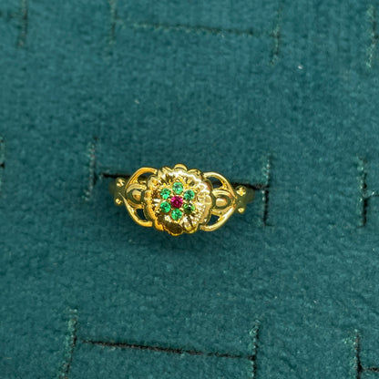 92.5 Silver Gold Plated Green & Pink CZ Floral Ring for Women