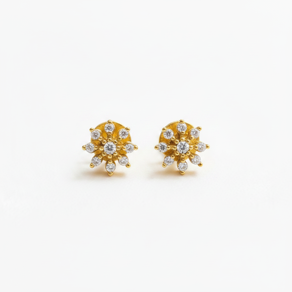 Gold Plated Floral CZ Stud Earrings for Women | Screw Back Flower Design