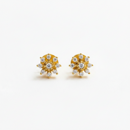 Gold Plated Floral CZ Stud Earrings for Women | Screw Back Flower Design