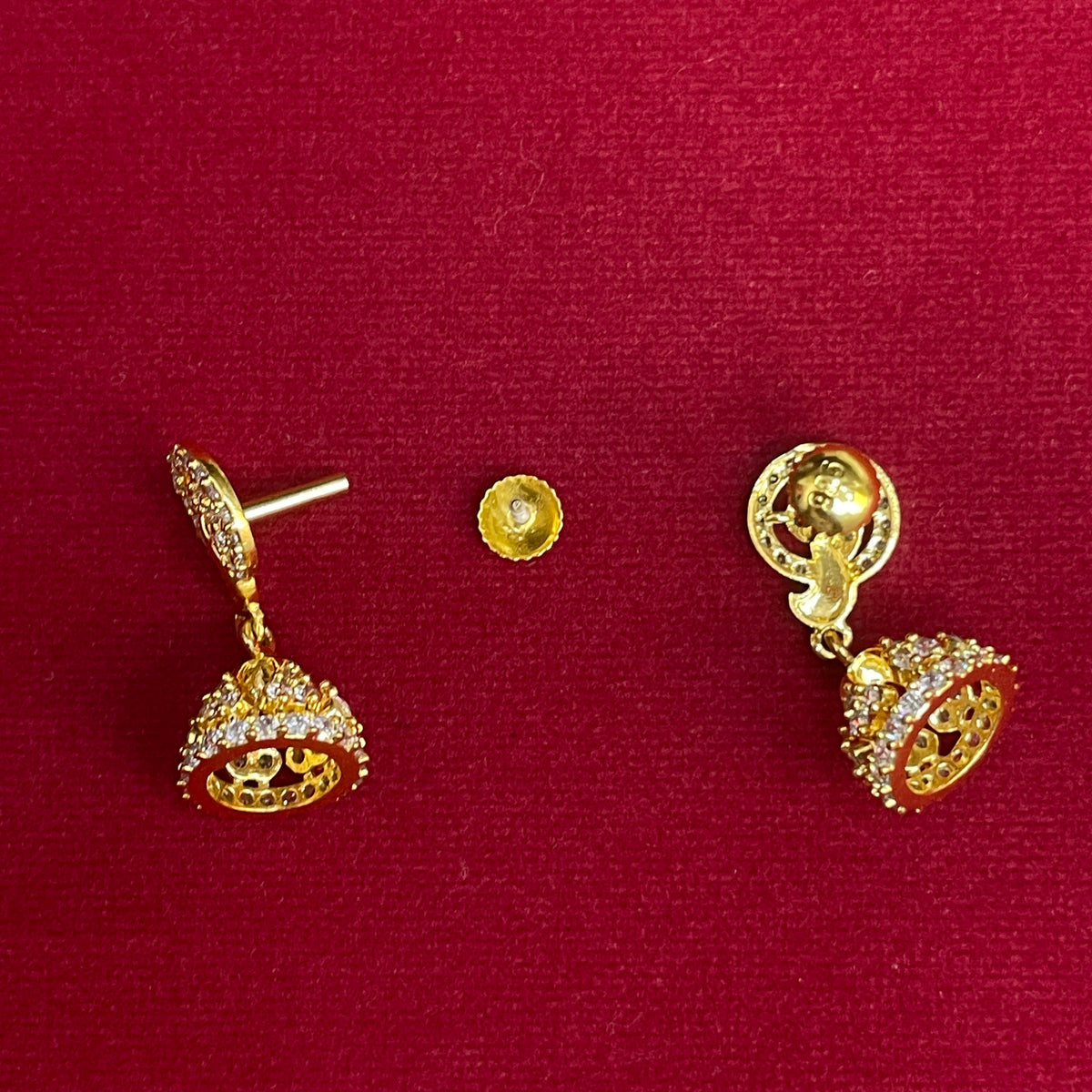 92.5 Silver Gold Plated White CZ Round Stud Jhumka Earrings for Women
