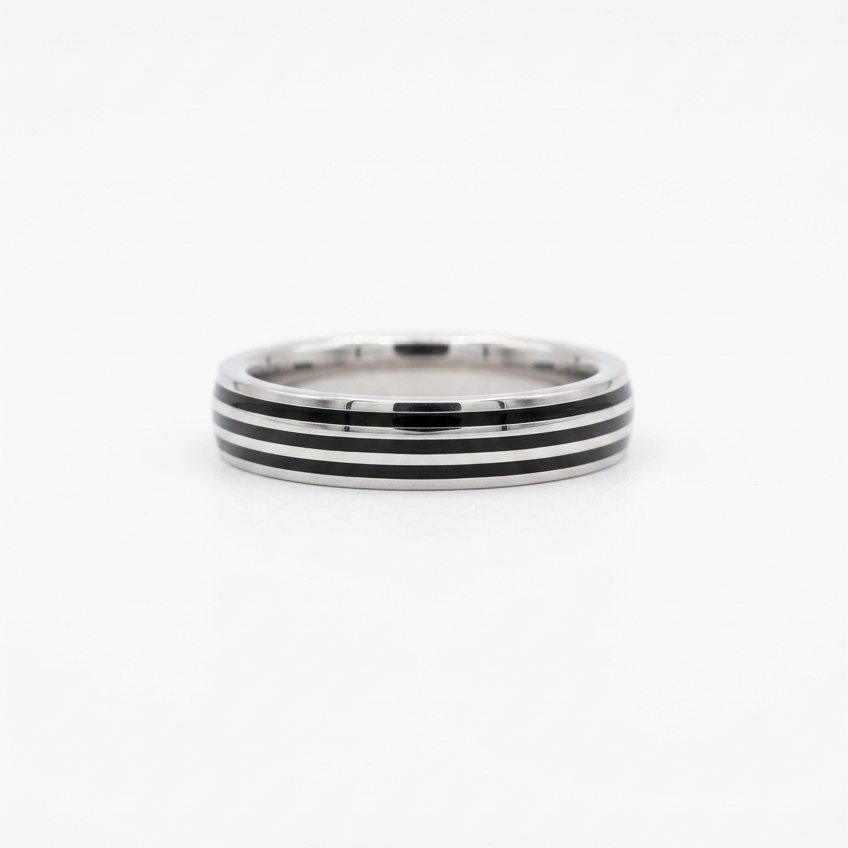 92.5 Silver Triple Black Stripe Band Ring - Size 20