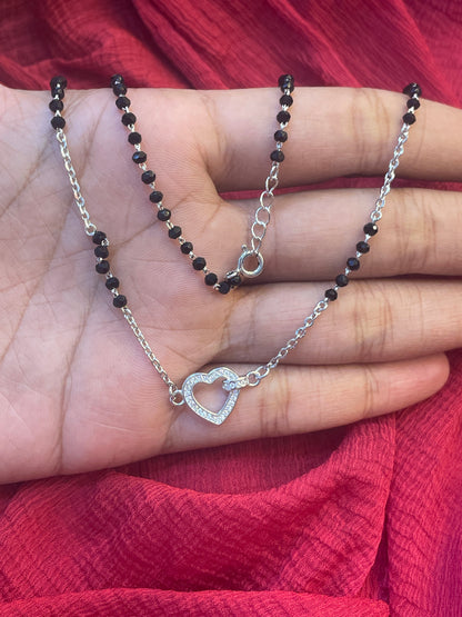 92.5 Silver Minimal Heart Black Bead Chain for Women 18.9 Inches | Stylish Symbol Design | Elegant Jewellery