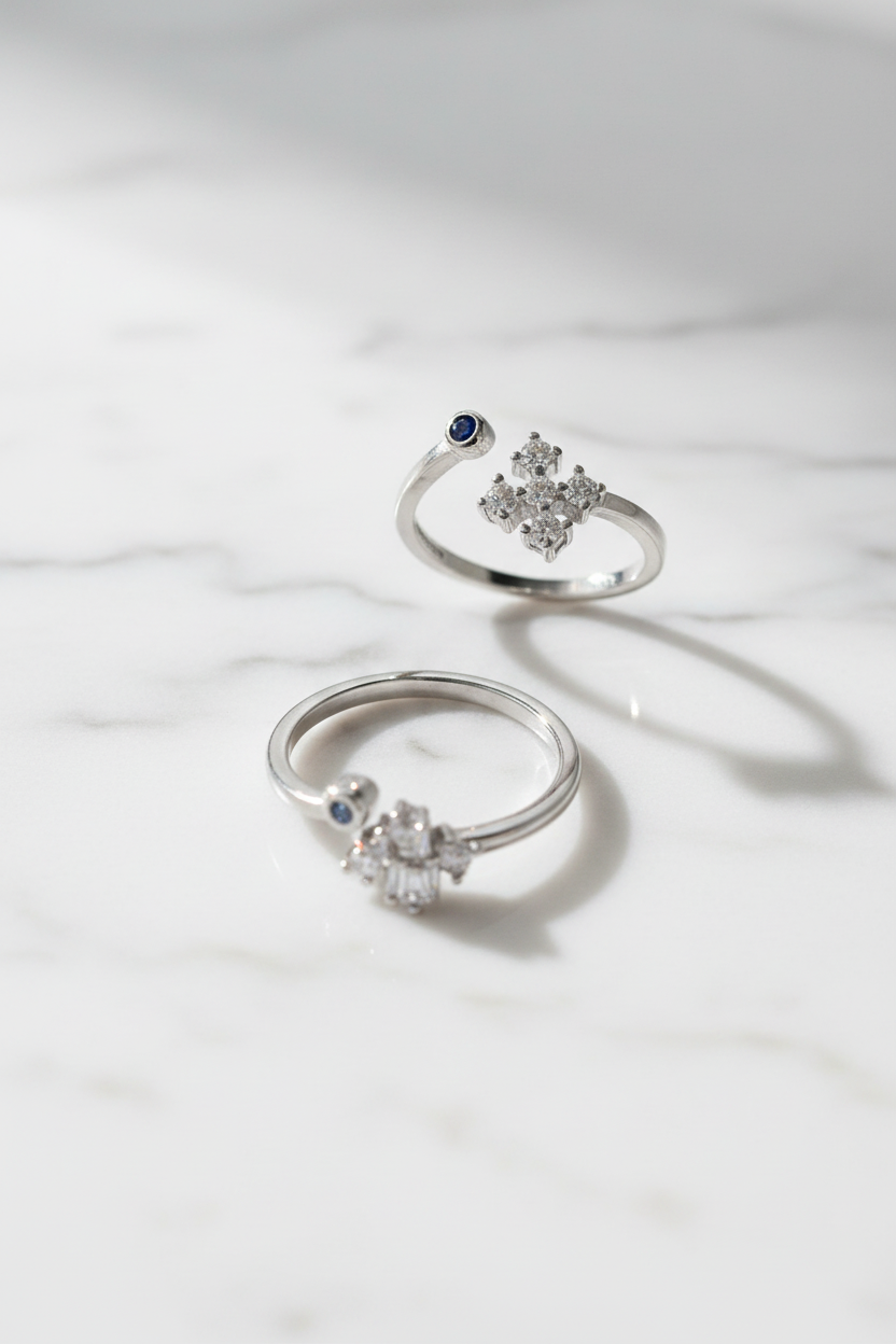 92.5 Silver 5 Stone Cross Cluster Adjustable Toe Rings for Women | Blue & White Stone Design