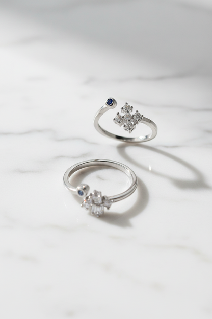 92.5 Silver 5 Stone Cross Cluster Adjustable Toe Rings for Women | Blue & White Stone Design