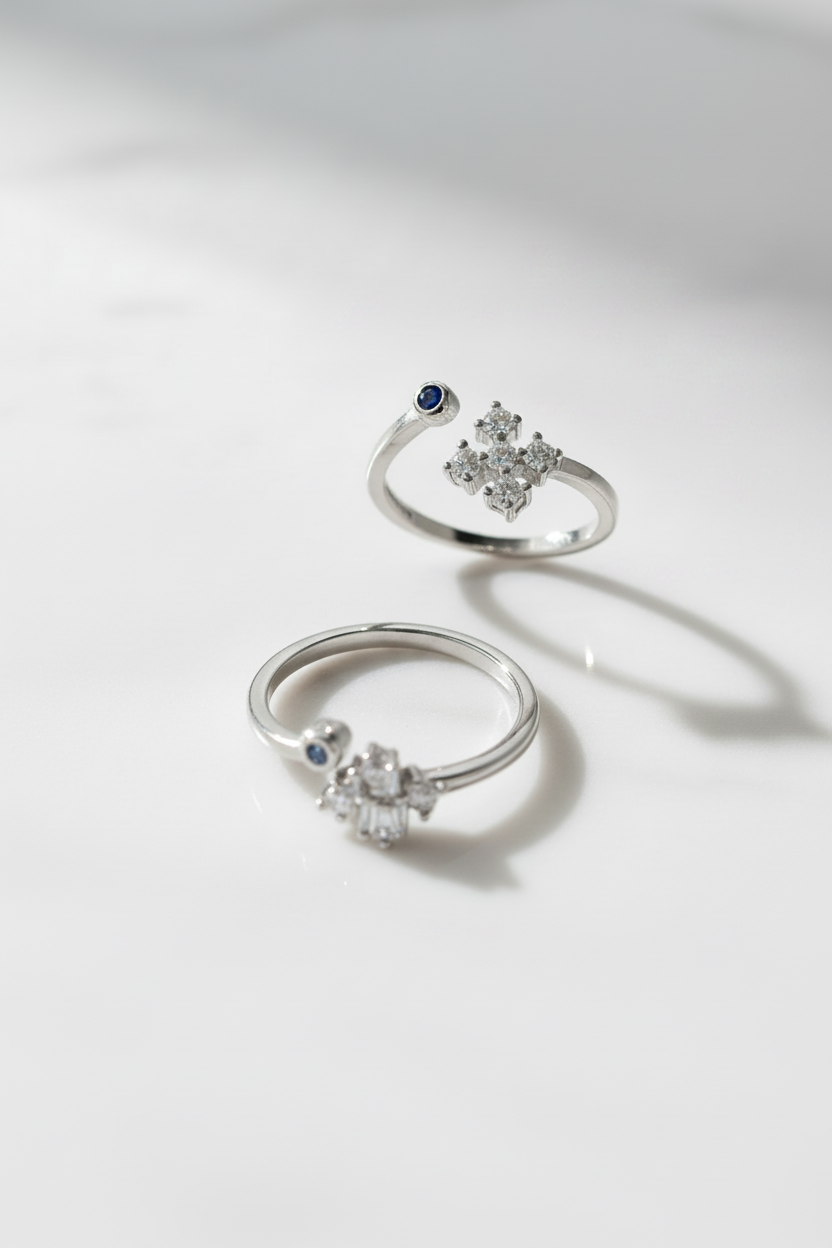 92.5 Silver 5 Stone Cross Cluster Adjustable Toe Rings for Women | Blue & White Stone Design