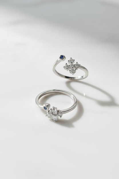 92.5 Silver 5 Stone Cross Cluster Adjustable Toe Rings for Women | Blue & White Stone Design
