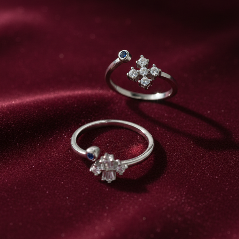 92.5 Silver 5 Stone Cross Cluster Adjustable Toe Rings for Women | Blue & White Stone Design