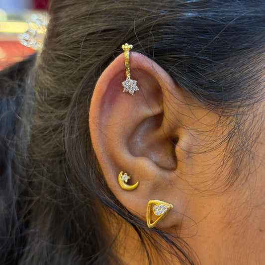 92.5 Silver Gold Plated White Stone Flower Press-On Bugadi for Women | Stylish Non-Piercing Ear Cuff | Elegant Jewellery