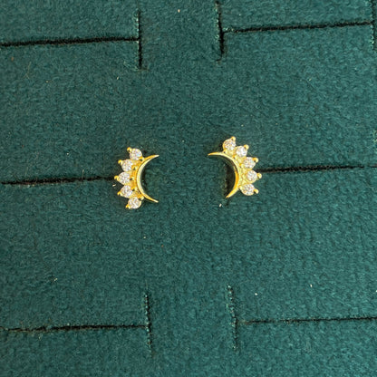 92.5 Silver Gold-Toned Clear Stone Crescent Studs Pair