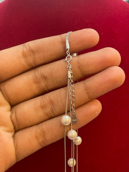 92.5 Silver Double Line Pearl Chain for Women 18.5 Inches | Elegant Layered Design | Classic Jewellery