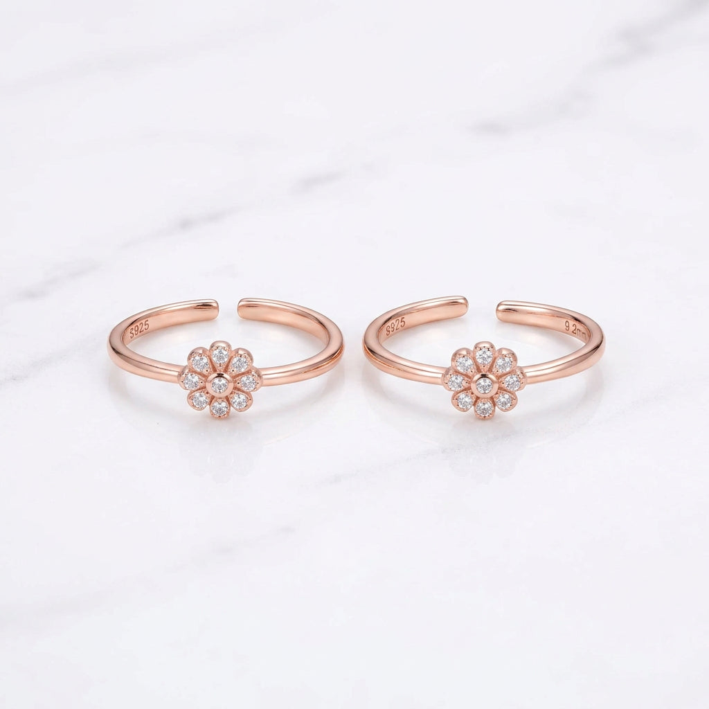 92.5 Silver Rose Gold Plated White CZ Daisy Toe Rings