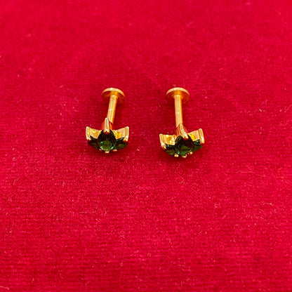 925 Silver Gold Plated  Emerald 3 Leaf Studs
