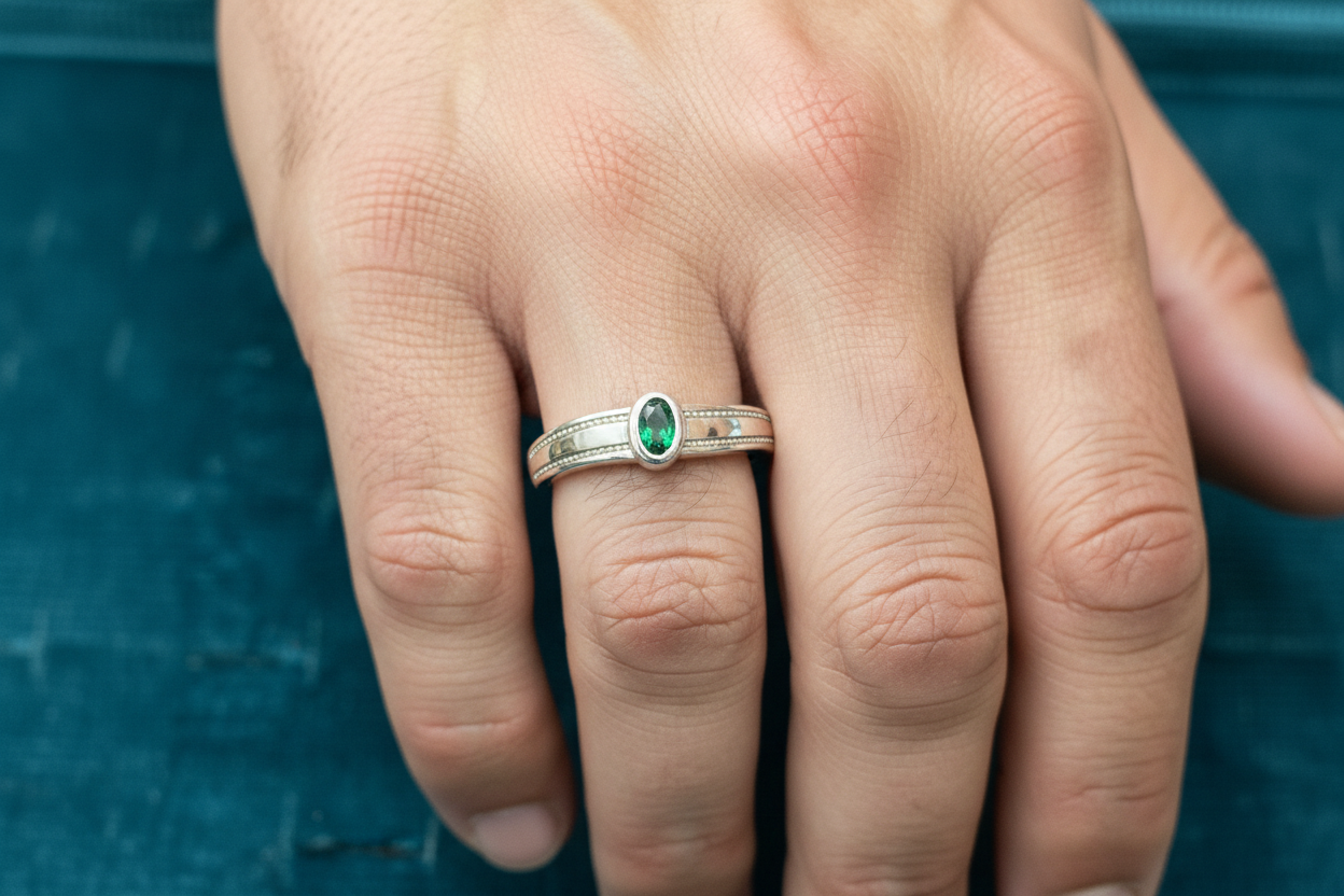 92.5 Silver Green Stone Men’s Ring Size 22 | Stylish Statement Design | Elegant Jewellery