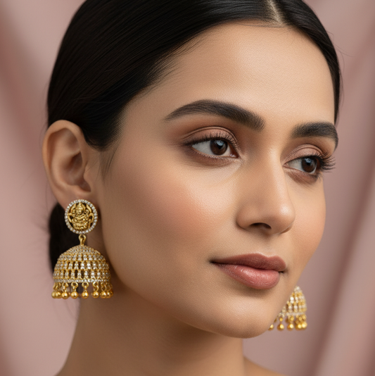 92.5 Silver Gold Plated Lakshmi Devi Jhumka Earrings for Women | Stylish Temple Design | Traditional Jewellery