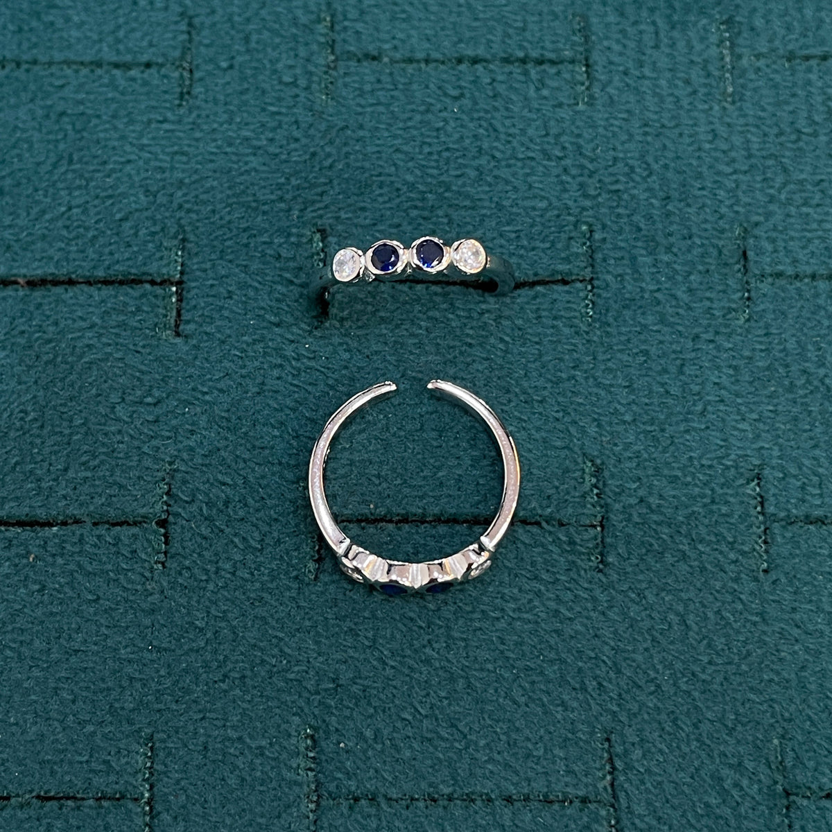 92.5 Sterling Silver Sapphire Blue & White CZ Four Stone Bezel Open Toe Rings for Women — Pair