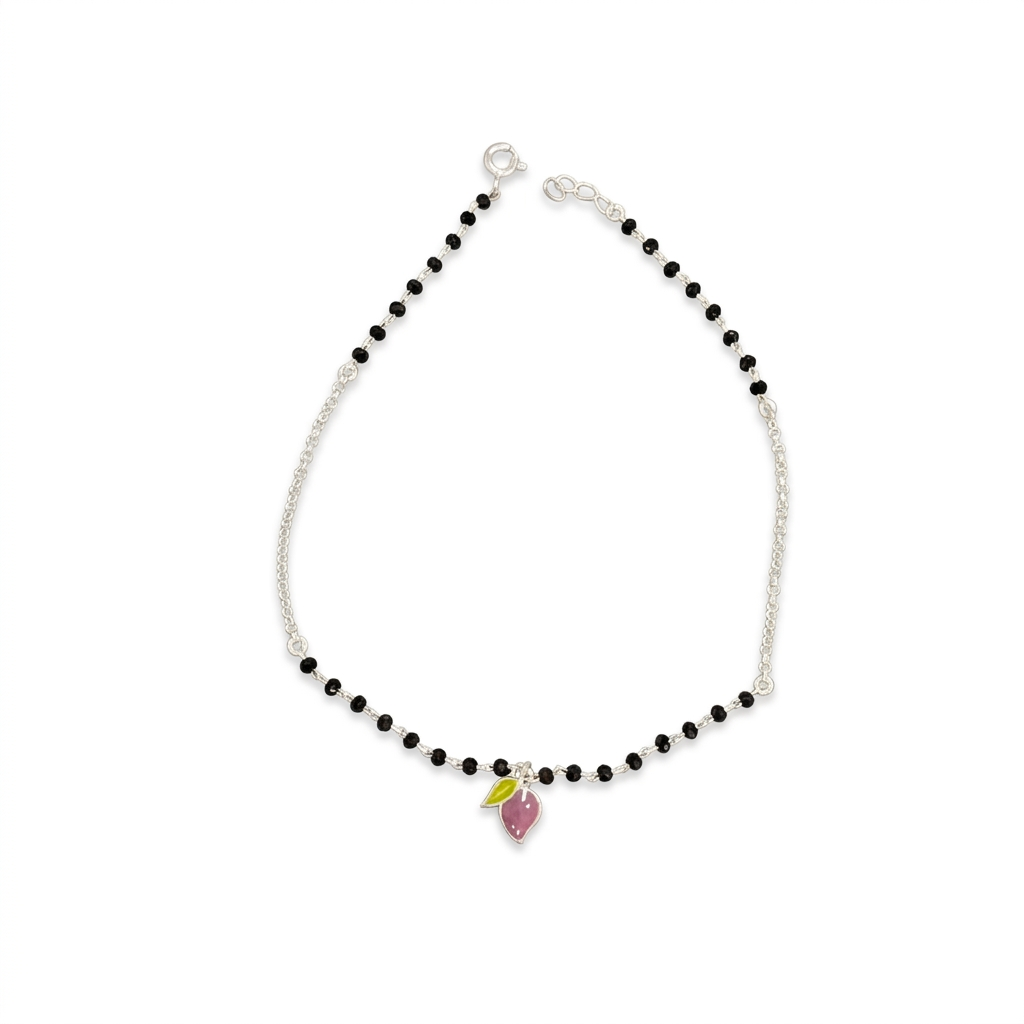 92.5 Silver Black Bead Leaf Charm Anklet - Single Pc