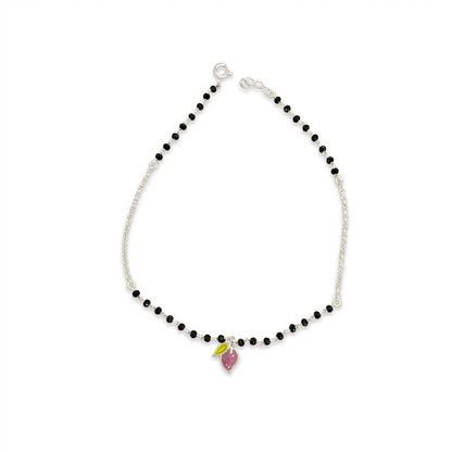 92.5 Silver Black Bead Leaf Charm Anklet - Single Pc