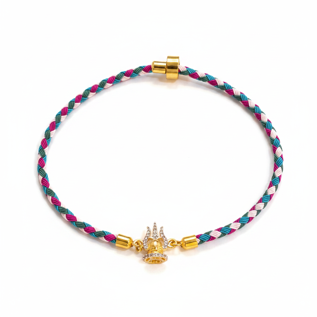 Silver Trishul Rakhi for Brother | Gold Plated CZ Charm with Multicolour Thread