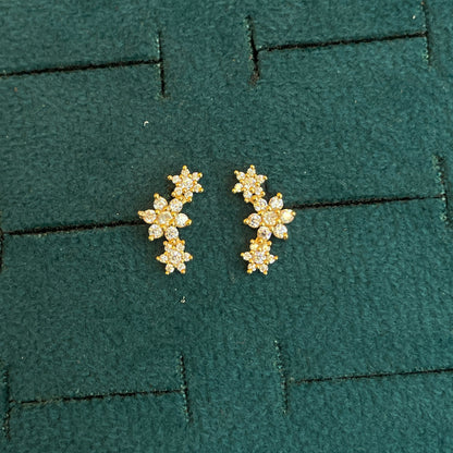 92.5 Silver Gold Plated Triple Flower Stud Earrings Pair