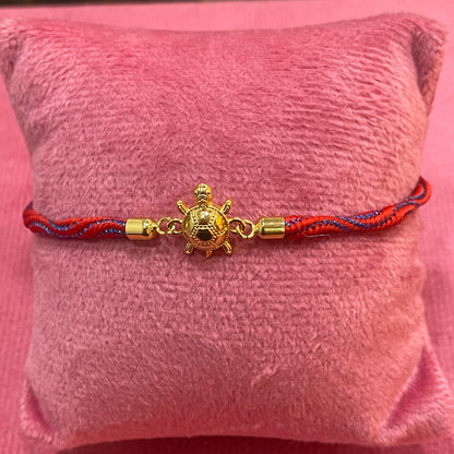 Gold Plated Tortoise Charm Bracelet for Women | Red & Blue Adjustable Thread