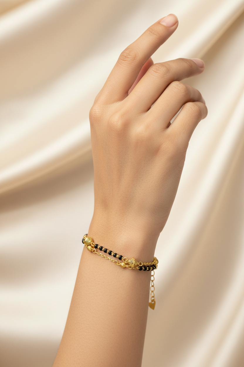 92.5 Silver Gold Plated Black Bead Bracelet for Women 8 Inches | Classy Elegant Design | Stylish Jewellery