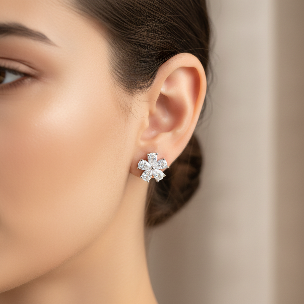 925 Silver Floral Stud Earrings | CZ Flower Daily Wear Earrings with Ball Screw Back