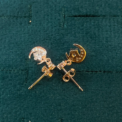 Rose Gold Plated 92.5 Sterling Silver CZ Star & Crescent Moon Drop Earrings for Women | Pear CZ Stud with Pavé Moon Dangle | Second Piercing Earring Pair