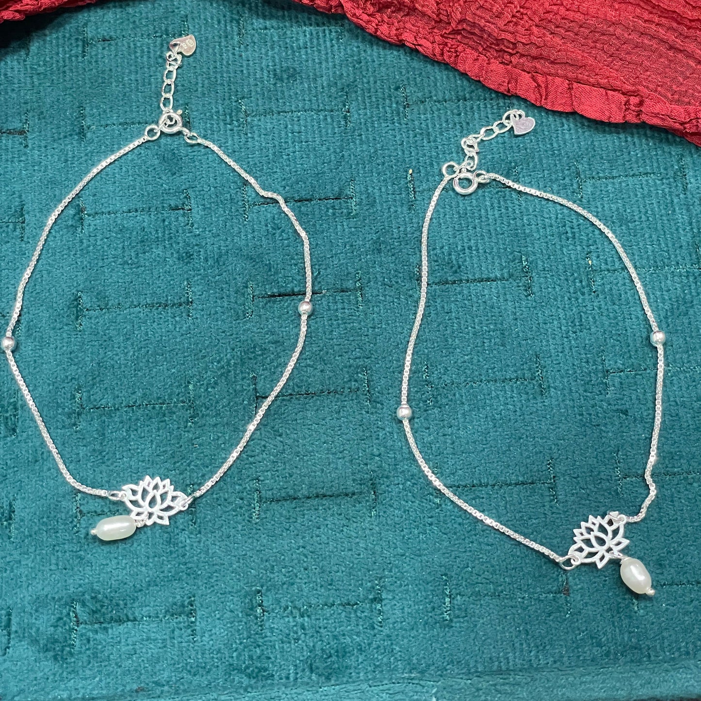 92.5 Sterling Silver Anklet for Women | Lotus Charm with Pearl Drop